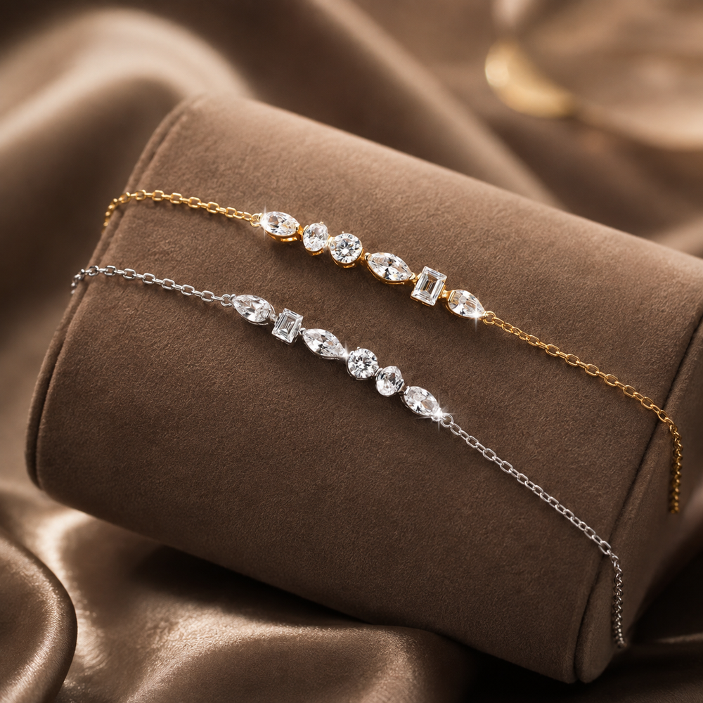 Mixed-cut moissanite bracelets in yellow gold and white gold finishes