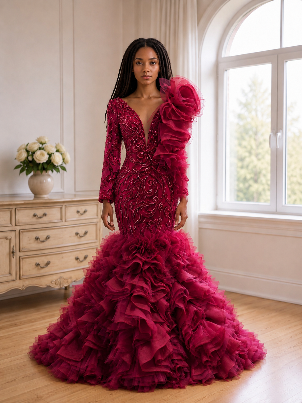 Emerald Étoile Ruffle Couture Mermaid Gown - Burgundy