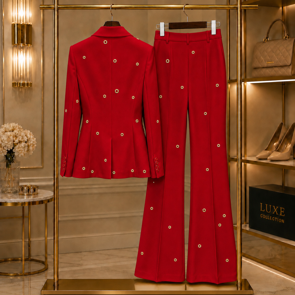 Aurelia Gilded-Eyelet Flare Suit Set - Red