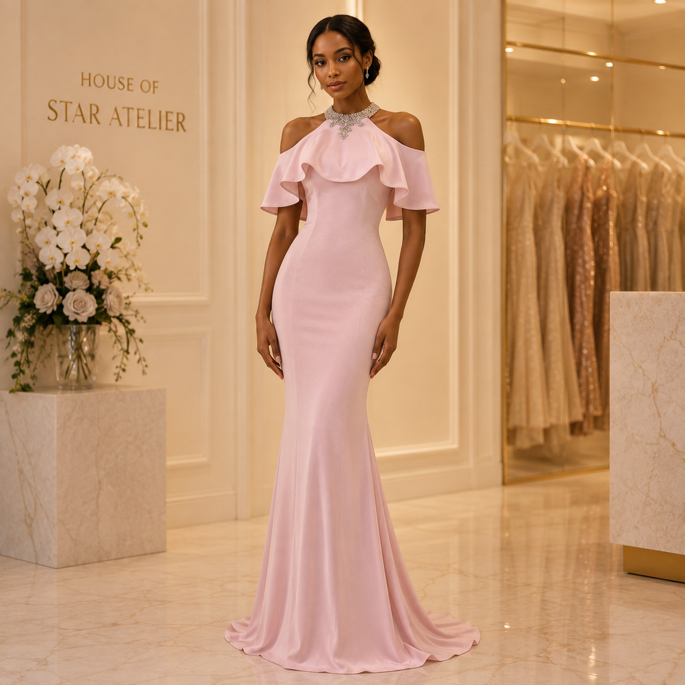 A woman models a floor-length light pink off-the-shoulder gown with ruffled sleeves and a crystal-embellished collar in a bridal or formalwear boutique. The background shows a warm cream interior with floral arrangements, a dress rack, and the text 'HOUSE OF STAR ATELIER'.