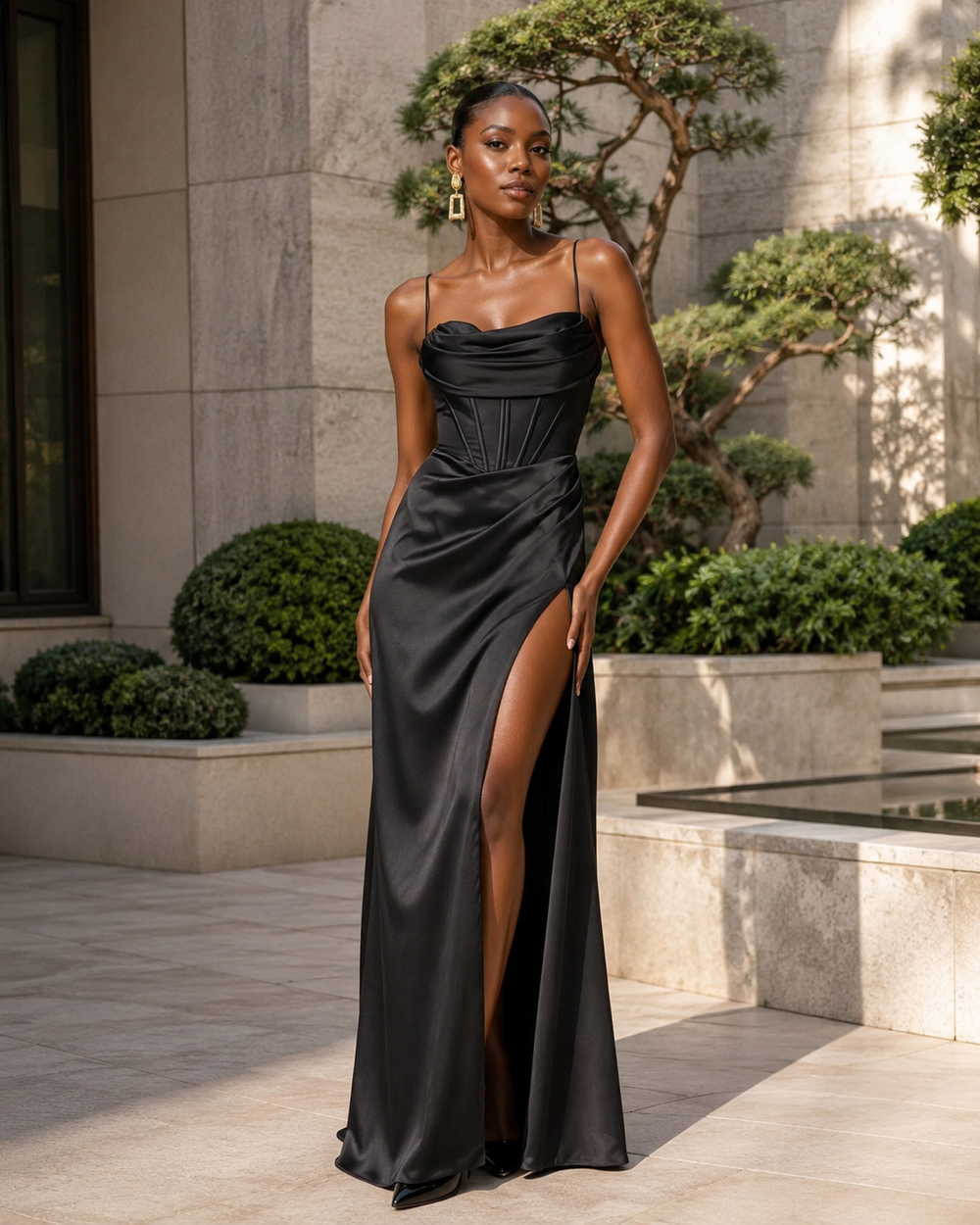 A woman models a floor-length black satin gown with thin spaghetti straps, a structured corset-style bodice, and a high thigh slit, photographed outdoors in front of a stone building and landscaped shrubs.