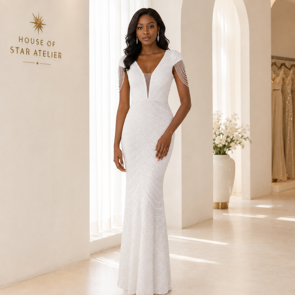 A woman models a white mermaid-style gown with textured beading and sheer cap sleeves in a bright boutique interior. The wall to the left displays the brand name 'HOUSE OF STAR ATELIER'.