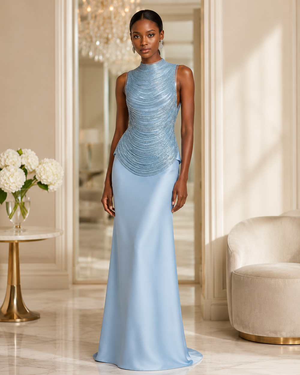 A woman stands in a luxurious indoor room wearing a sleeveless ice blue evening gown with a textured, ruched bodice and a smooth satin-like skirt.
