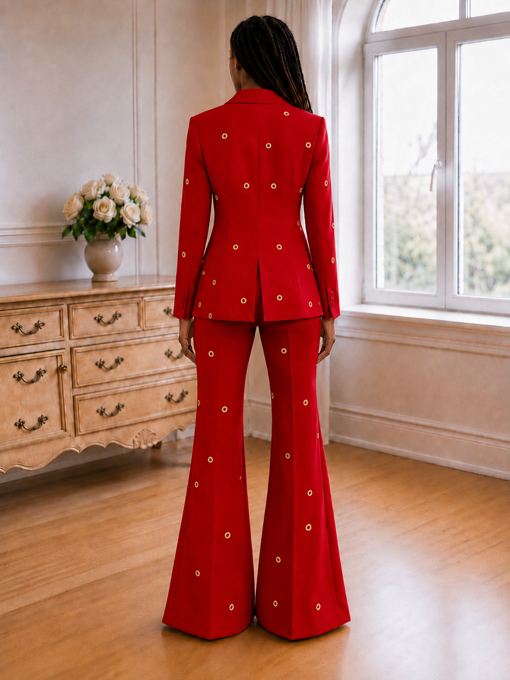 Aurelia Gilded-Eyelet Flare Suit Set - Red