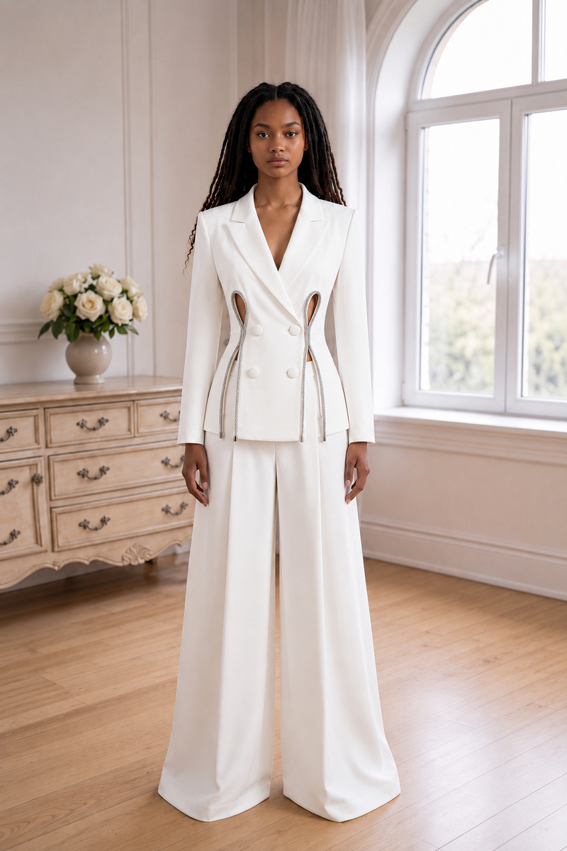 Solène Crystal-Cutout Wide-Leg Suit Set - White