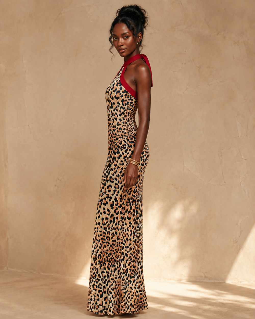 Savanna Muse Leopard Halter Mermaid Maxi Dress