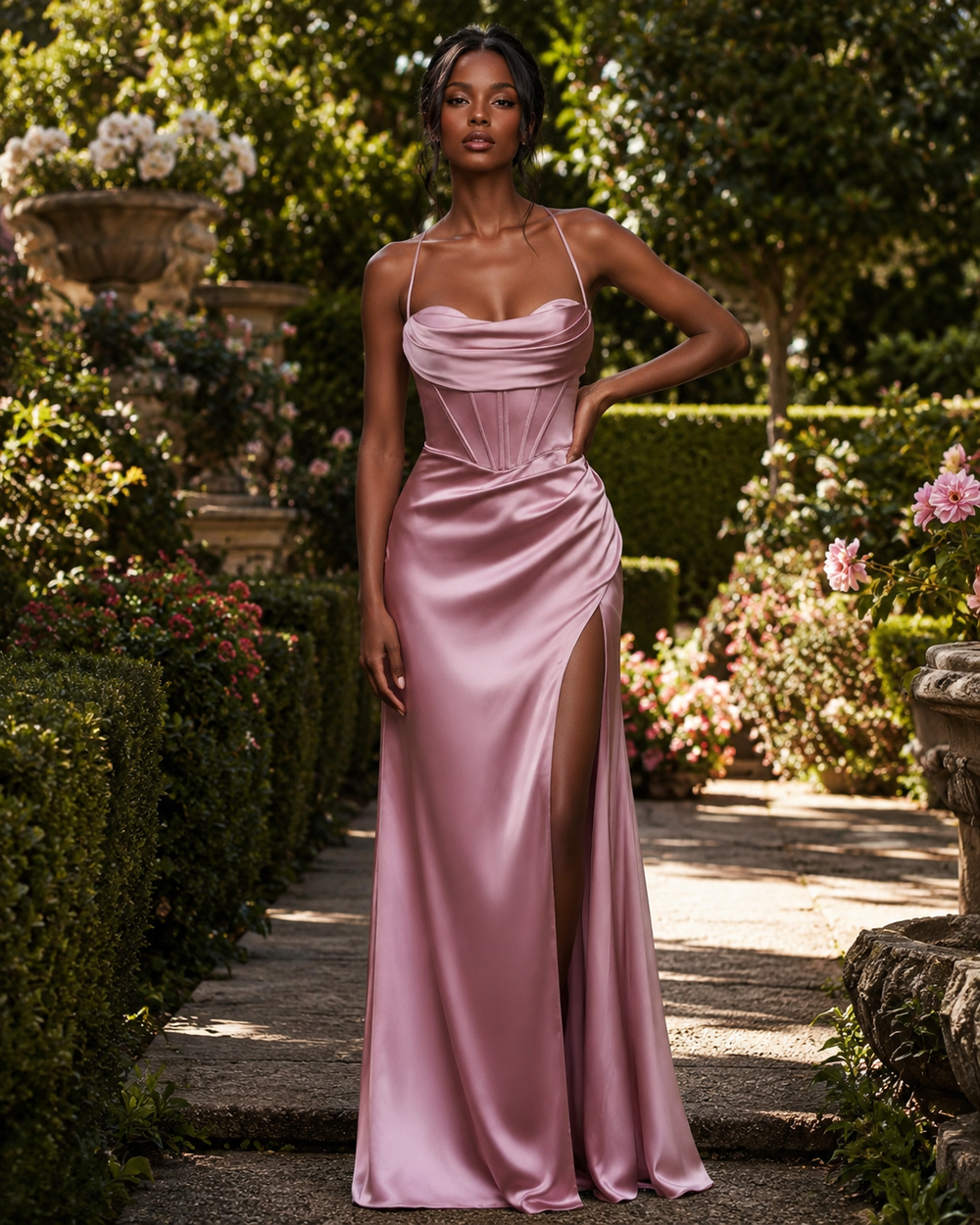 A woman stands in a sunlit garden wearing a pink floor-length satin gown with thin straps, a fitted corset-style bodice, and a high thigh slit.