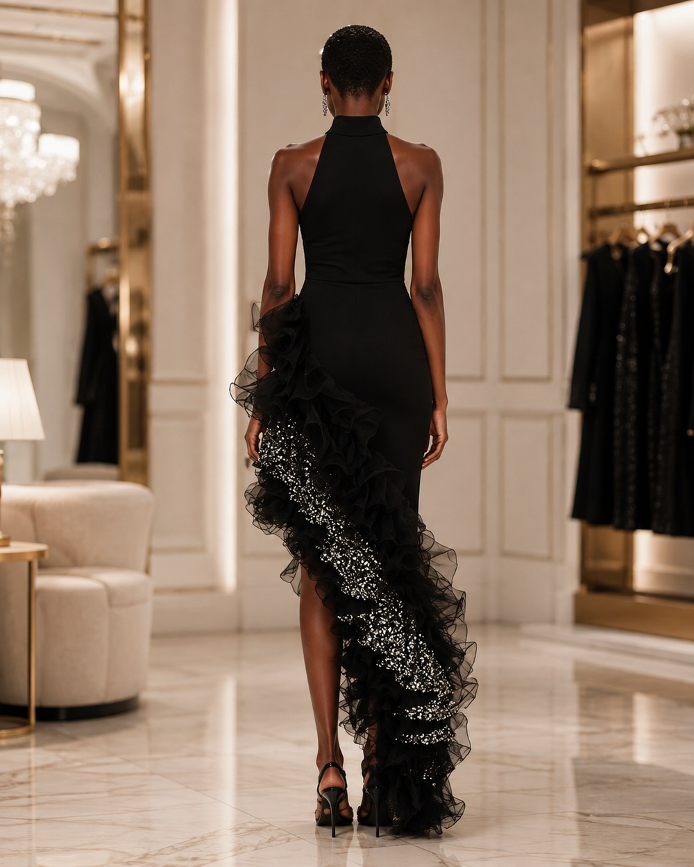 The Vespera Noir Asymmetric Ruffle Gown