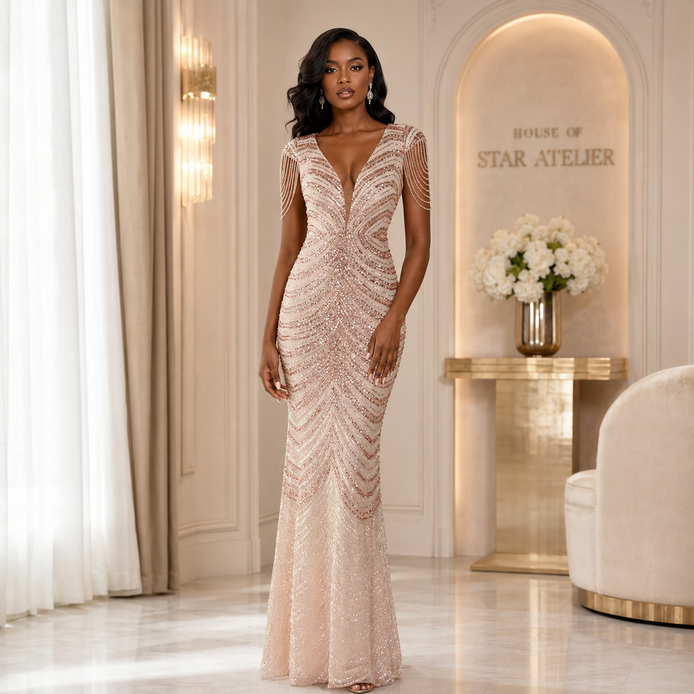 A woman stands in a luxurious indoor setting wearing a floor-length, champagne gold evening gown covered in shimmering sequins and beadwork. The gown features a deep V-neckline, sheer cap sleeves, and a fitted silhouette that flares slightly at the hem.