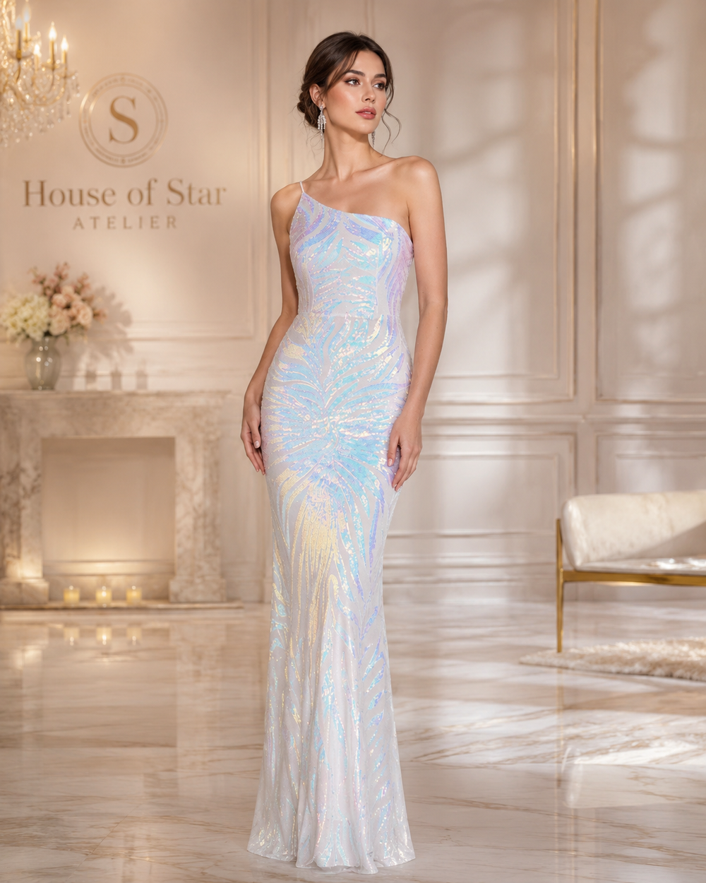 A woman models a floor-length, one-shoulder iridescent gown in a luxurious cream-colored room with marble floors and elegant decor. The dress features a shimmering, holographic finish that shifts between pale blue, silver, and white.