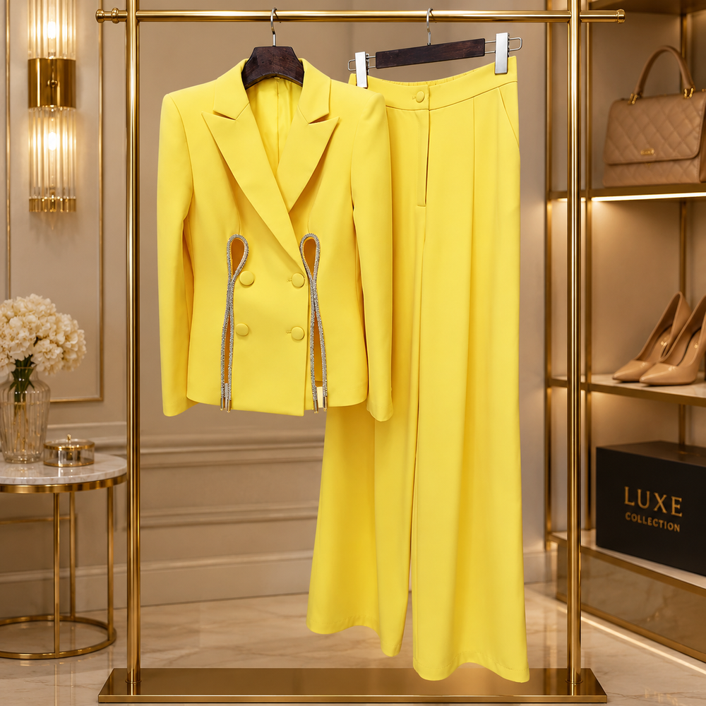 Solène Crystal-Cutout Wide-Leg Suit Set - Yellow
