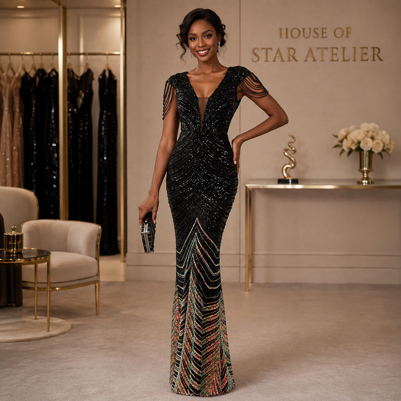 A woman models a floor-length black evening gown with sequined beading and a multicolor feather-like pattern near the hem, standing in a luxury boutique with 'HOUSE OF STAR ATELIER' on the wall behind her.