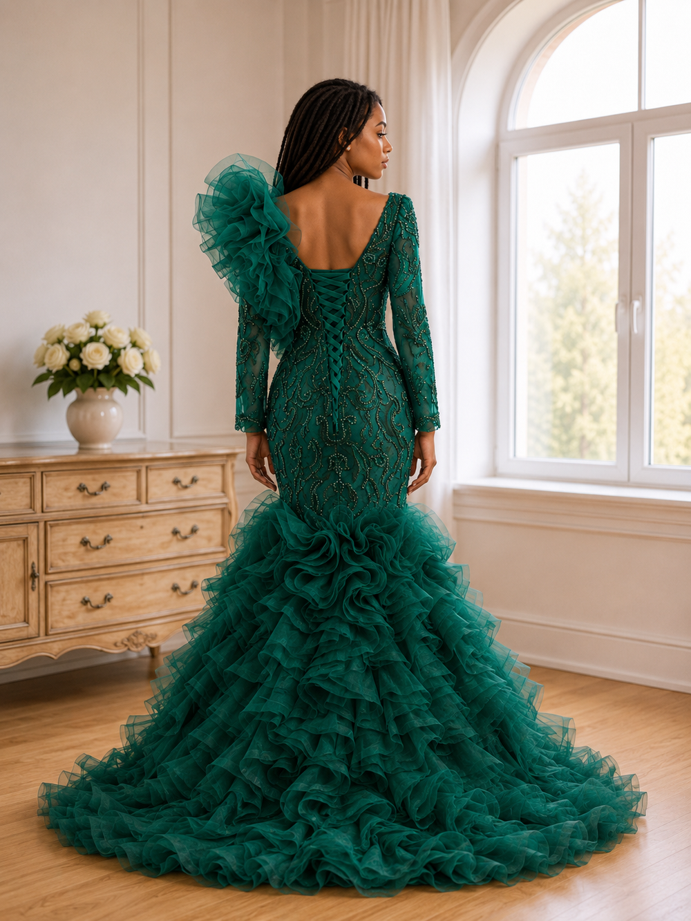 Emerald Étoile Ruffle Couture Mermaid Gown - Green