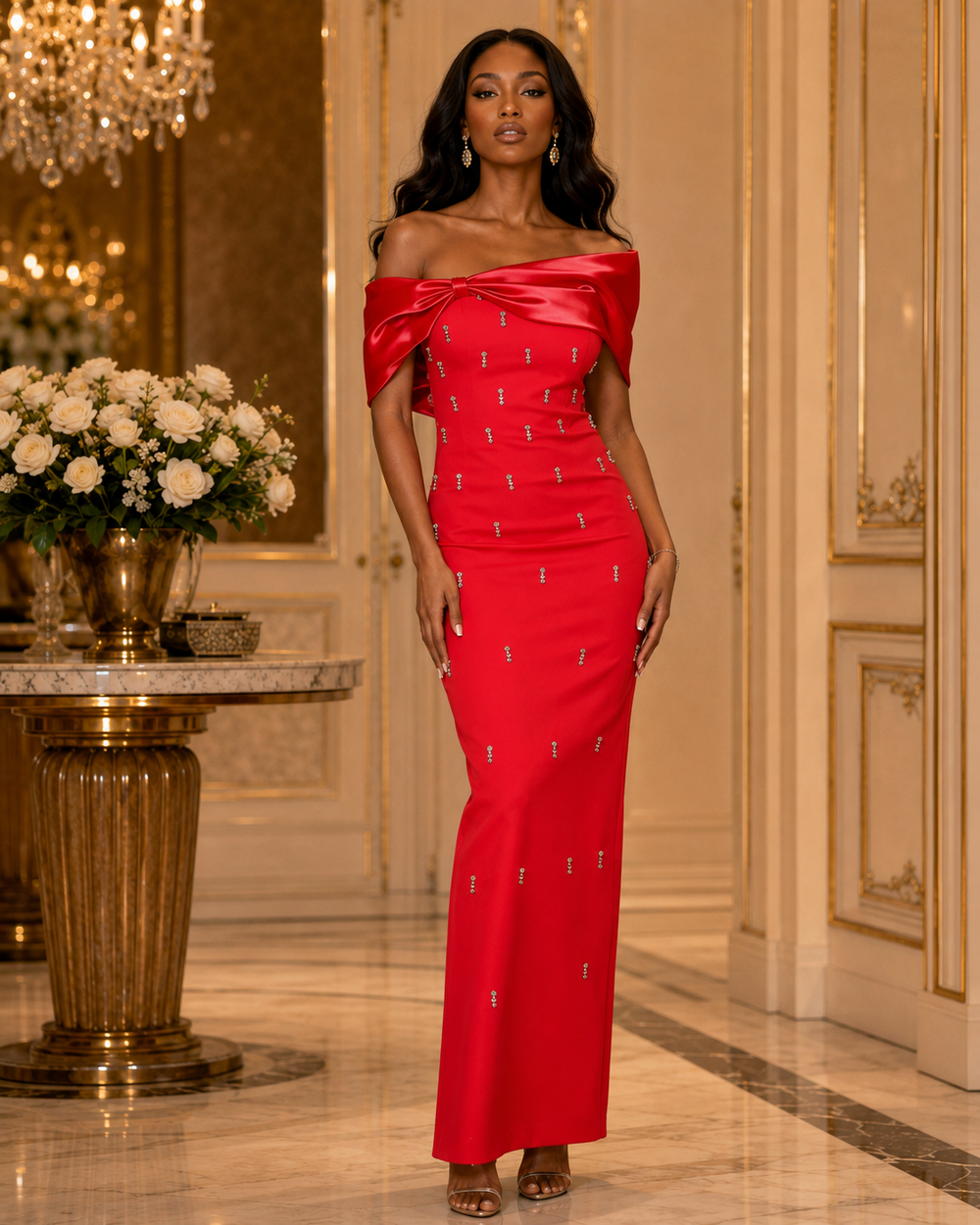 A woman models a vibrant red off-the-shoulder maxi dress with small silver embellishments, standing in an elegant, luxurious hallway with gold paneling and a marble floor.