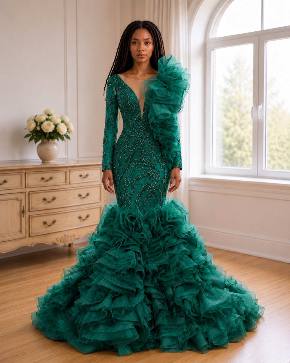 Emerald Étoile Ruffle Couture Mermaid Gown - Green