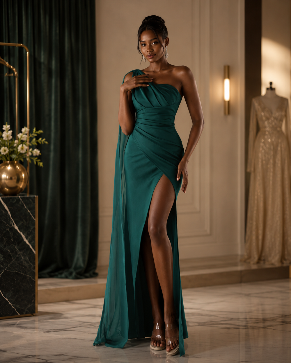 A woman models a floor-length emerald green one-shoulder evening gown with a high thigh slit in an elegant indoor showroom. The dress features a draped neckline and a flowing train.