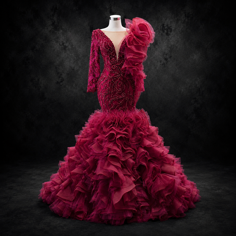 Emerald Étoile Ruffle Couture Mermaid Gown - Burgundy