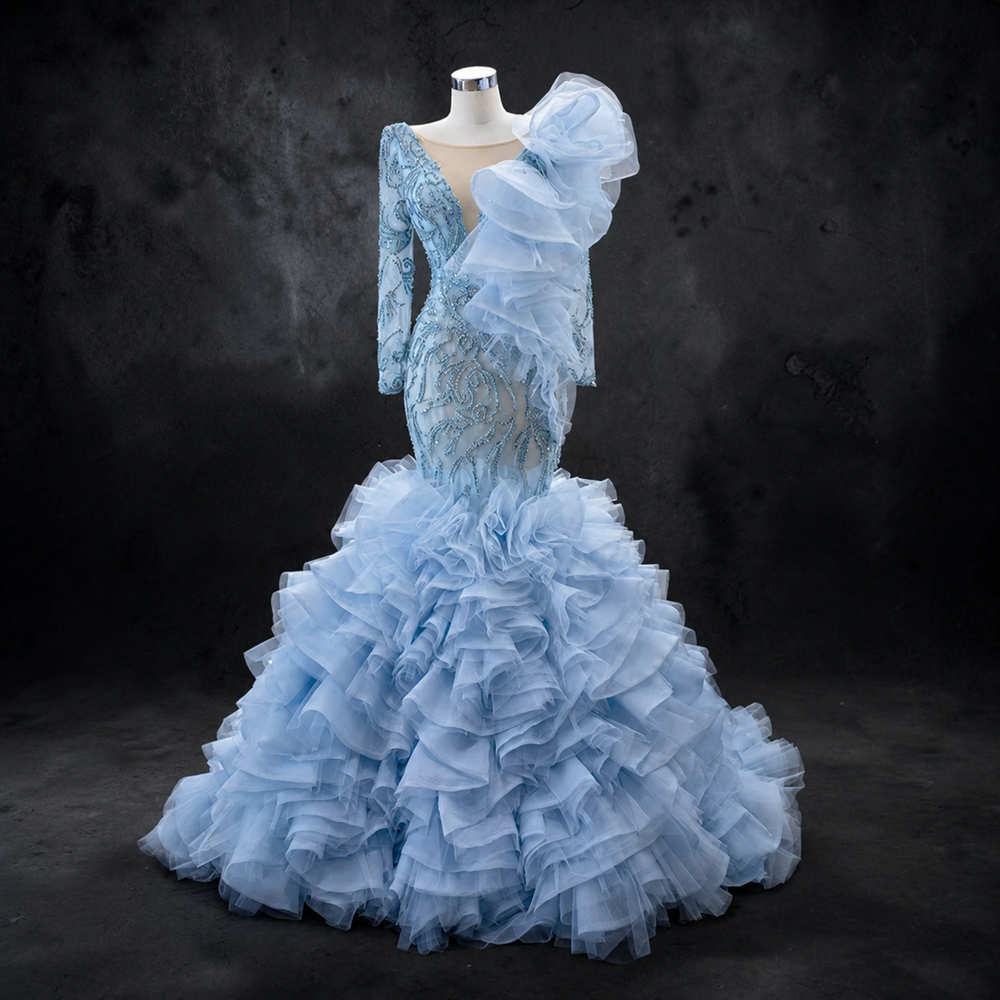 Emerald Étoile Ruffle Couture Mermaid Gown - Ice Blue