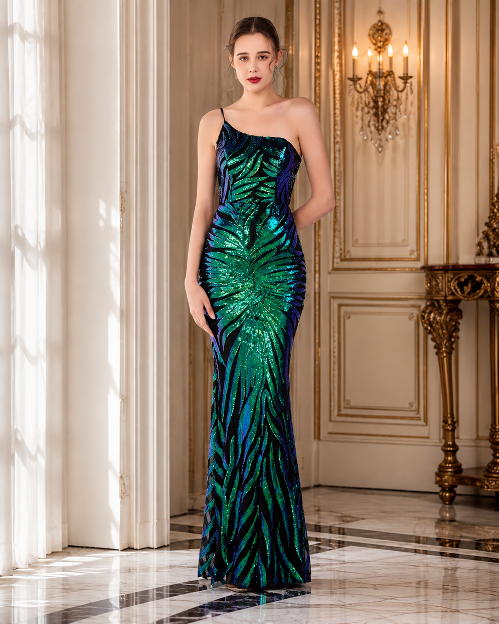A woman models a floor-length, one-shoulder evening gown covered in shimmering sequins that create a green and teal iridescent leaf pattern, set against an elegant, sunlit classical interior with gold paneling and a chandelier.