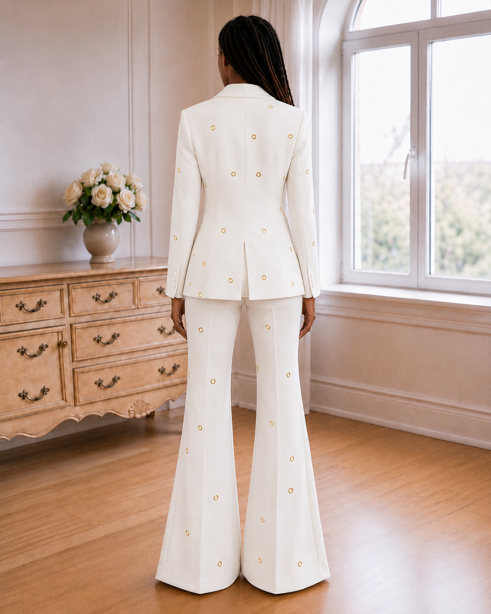 Aurelia Gilded-Eyelet Flare Suit Set - White