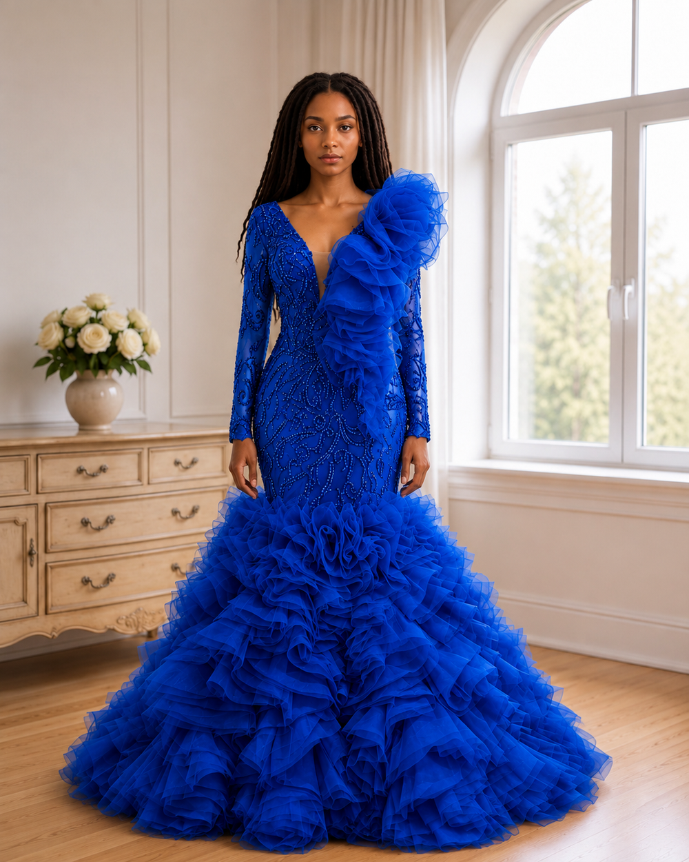 Emerald Étoile Ruffle Couture Mermaid Gown - Blue