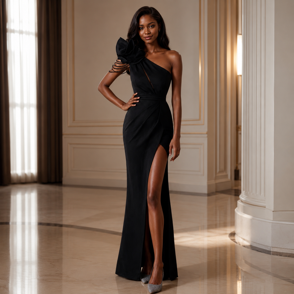 A woman models a floor-length black one-shoulder evening gown with a dramatic ruffled shoulder detail, a thigh-high slit, and a fitted silhouette in an elegant indoor setting with cream walls and polished floors.