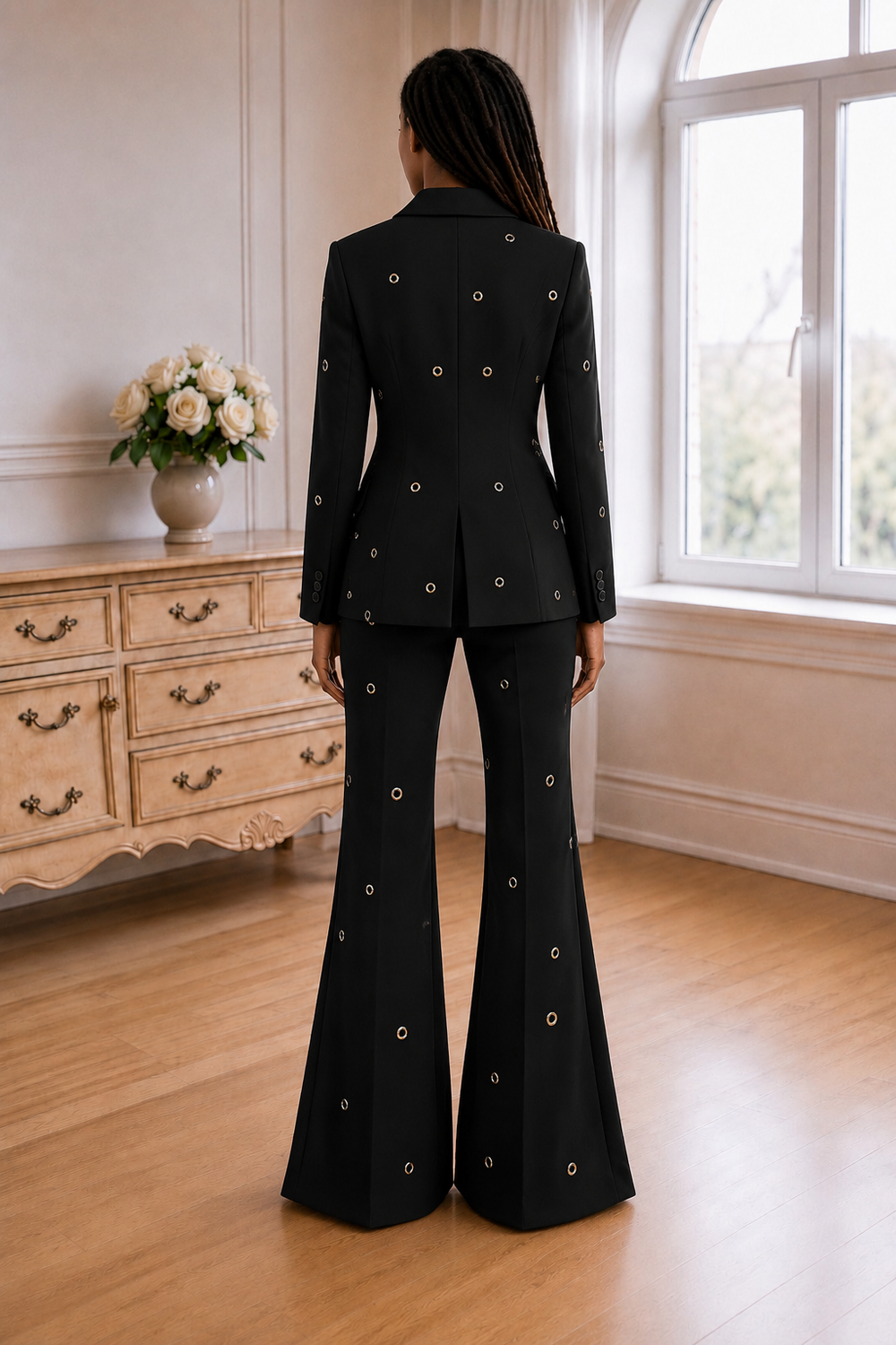 Aurelia Gilded-Eyelet Flare Suit Set - Black
