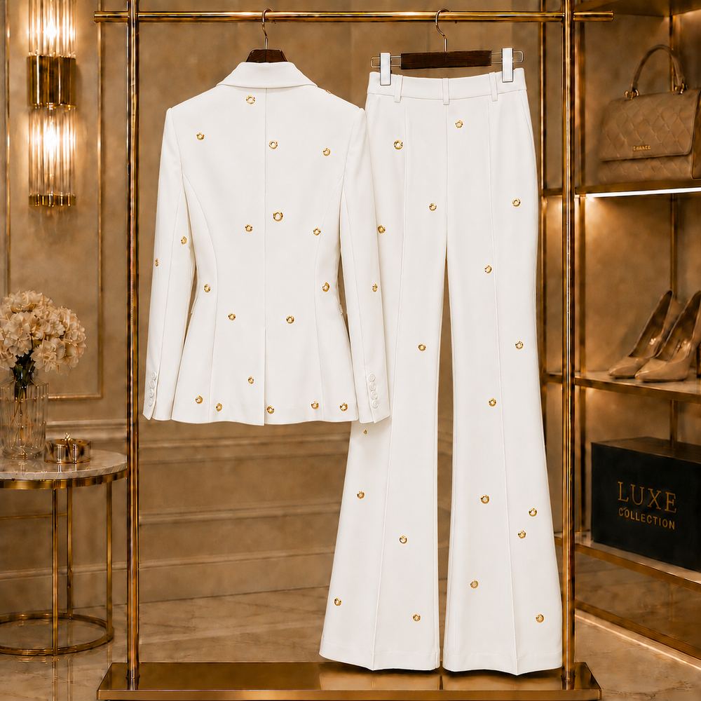 Aurelia Gilded-Eyelet Flare Suit Set - White