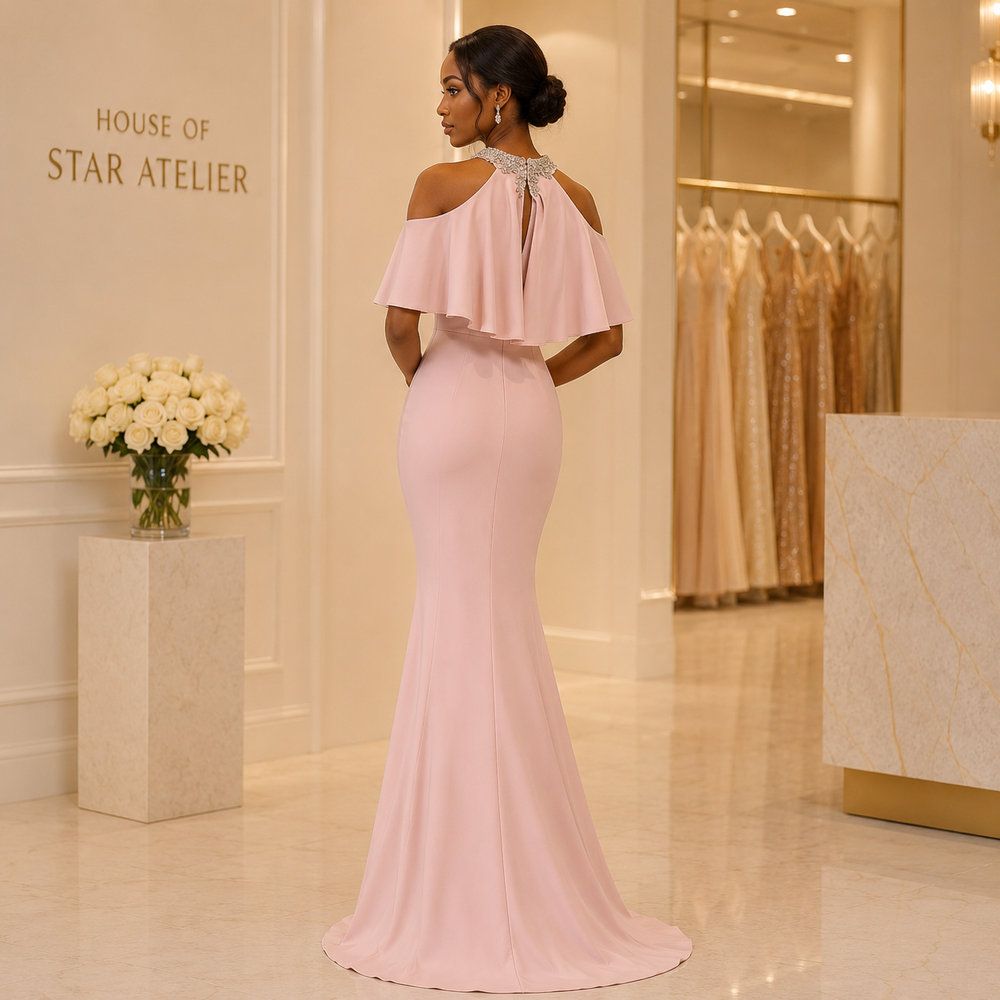 Aurelia Jeweled Cape Mermaid Evening Gown