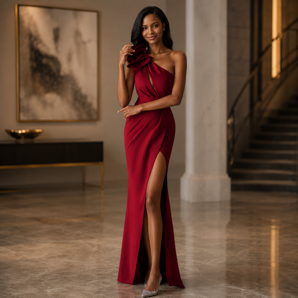A woman models a floor-length, one-shoulder red gown with a high thigh slit in an elegant indoor setting with a staircase and framed wall art.