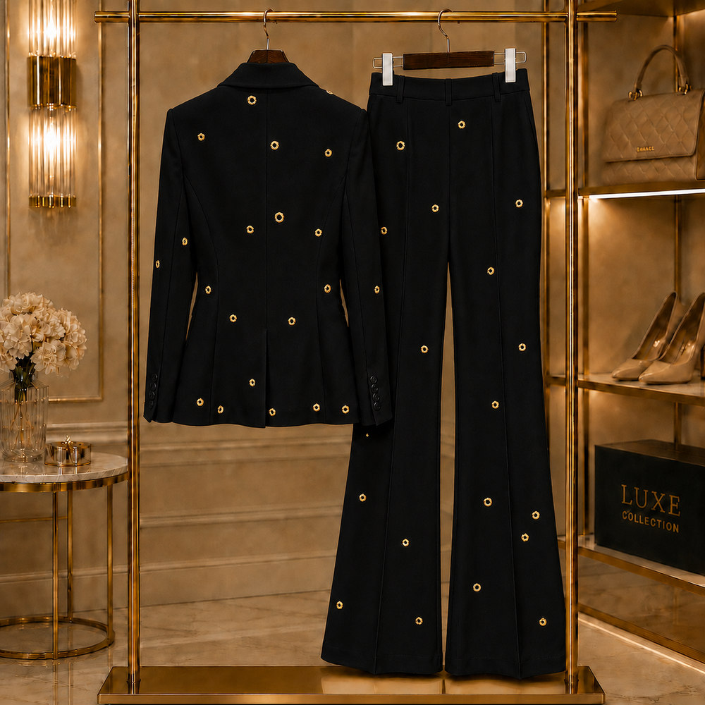 Aurelia Gilded-Eyelet Flare Suit Set - Black