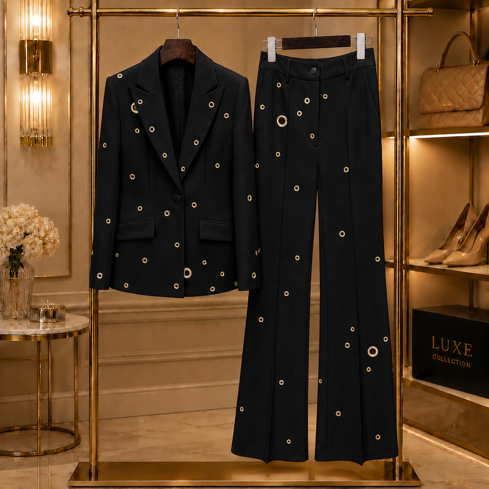 Aurelia Gilded-Eyelet Flare Suit Set - Black