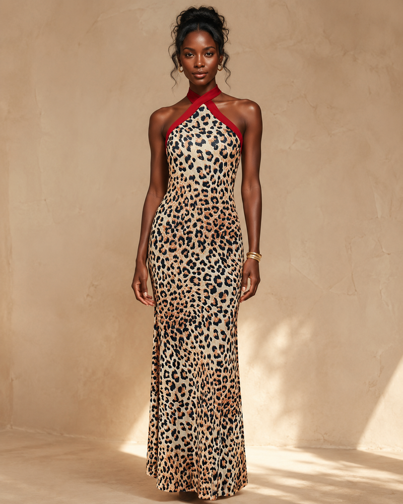 Savanna Muse Leopard Halter Mermaid Maxi Dress