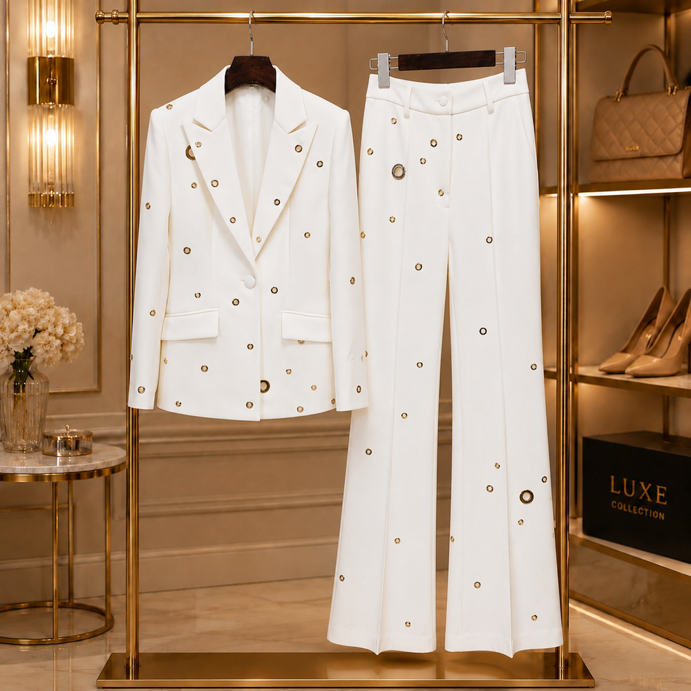 Aurelia Gilded-Eyelet Flare Suit Set - White