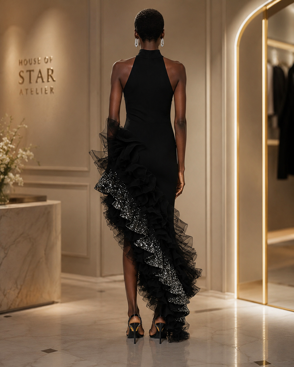The Vespera Noir Asymmetric Ruffle Gown