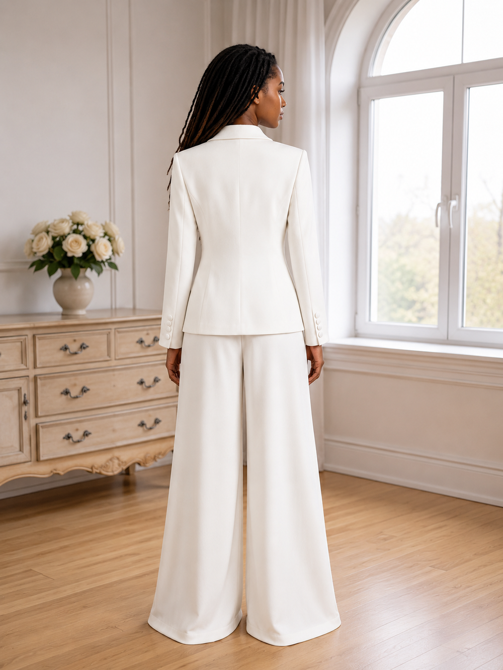 Solène Crystal-Cutout Wide-Leg Suit Set - White