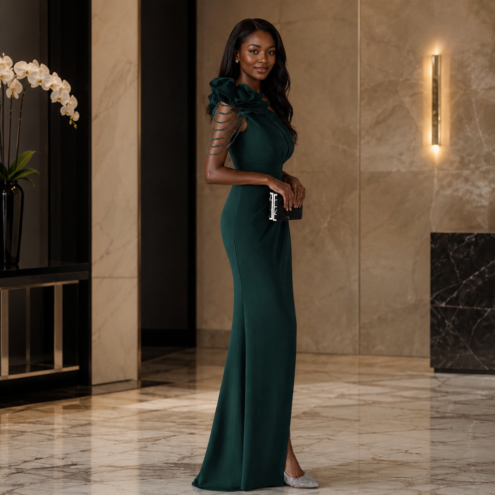 Élan Fleur One-Shoulder Beaded Evening Gown