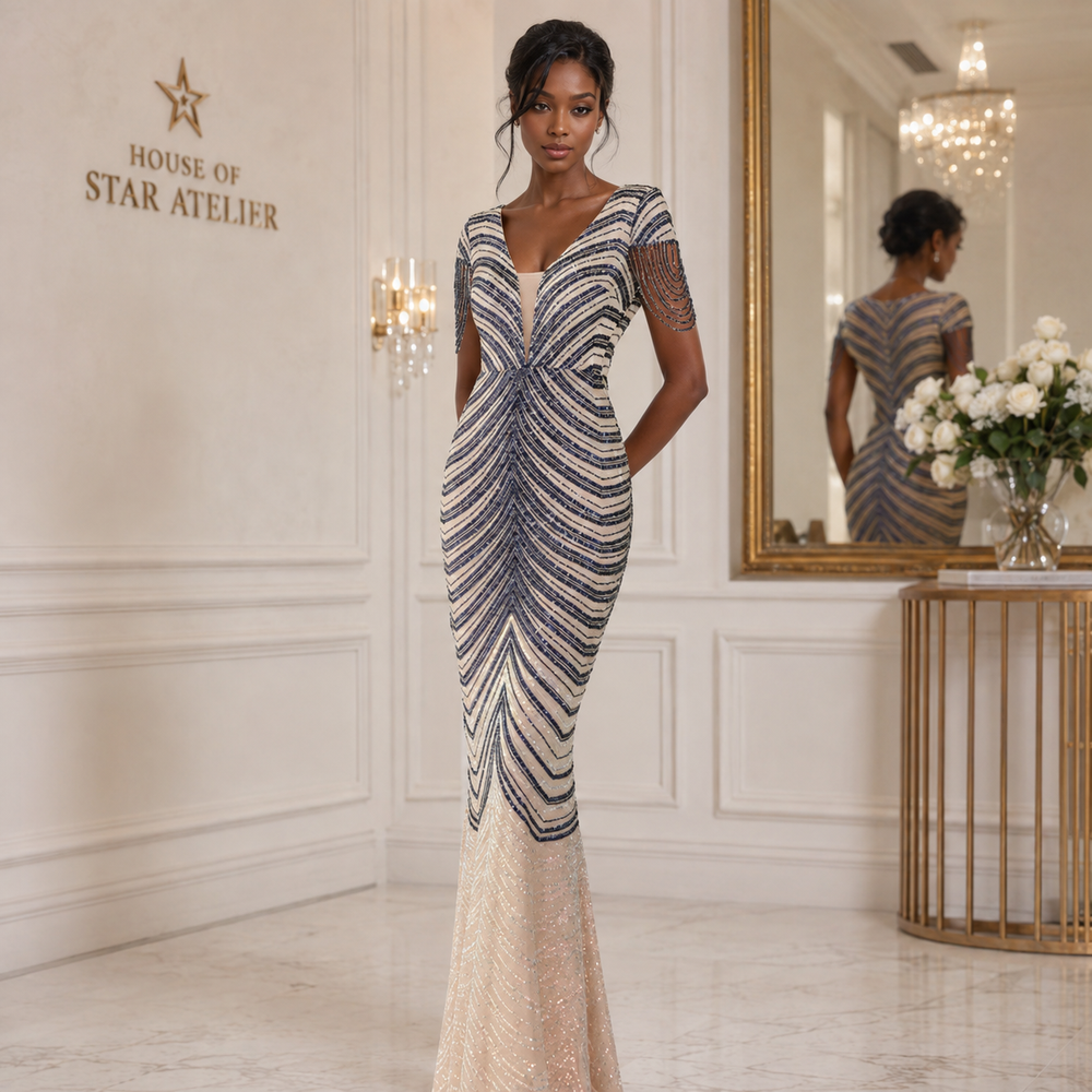 A woman models a floor-length, bodycon evening gown with a silver and beige wavy navy blue striped pattern and a shimmering beige skirt, standing in an elegant interior hallway with a mirror and the text 'HOUSE OF STAR ATELIER' on the wall.