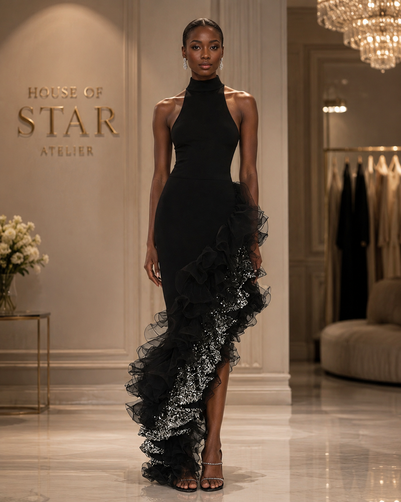 The Vespera Noir Asymmetric Ruffle Gown