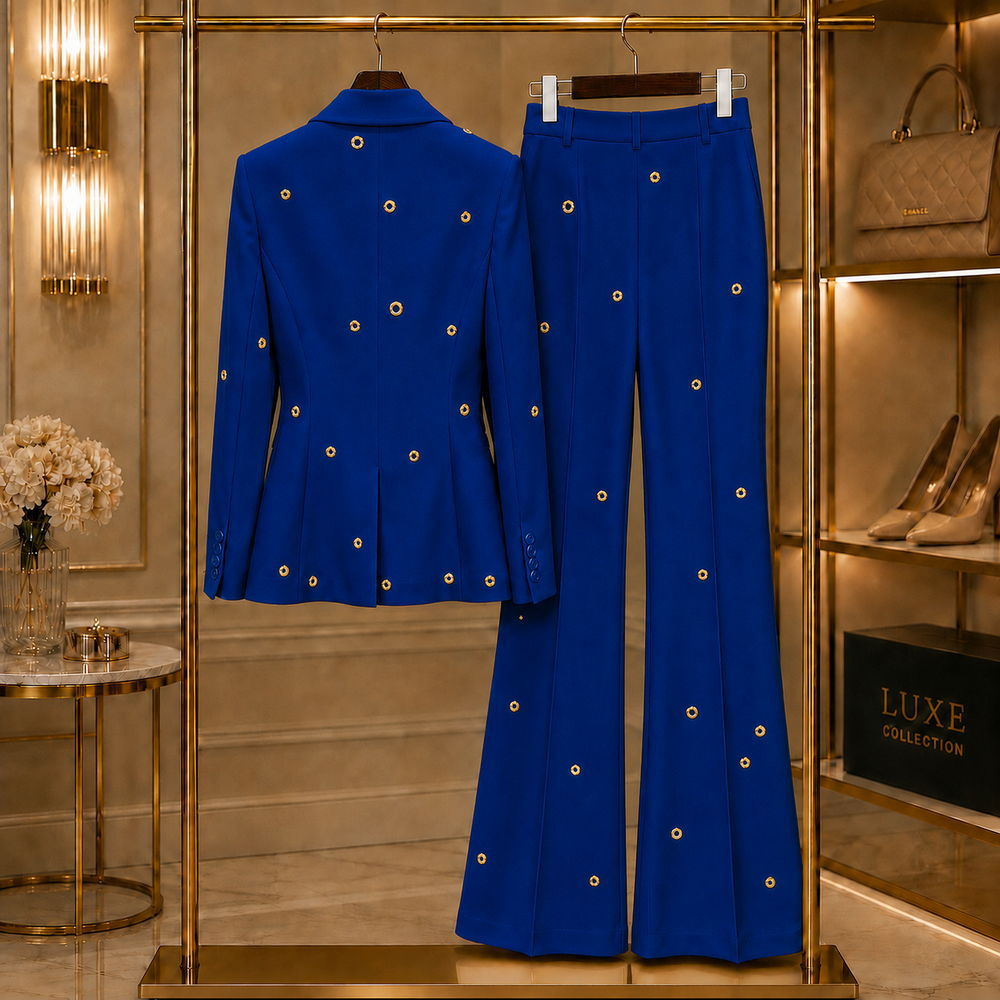 Aurelia Gilded-Eyelet Flare Suit Set - Blue