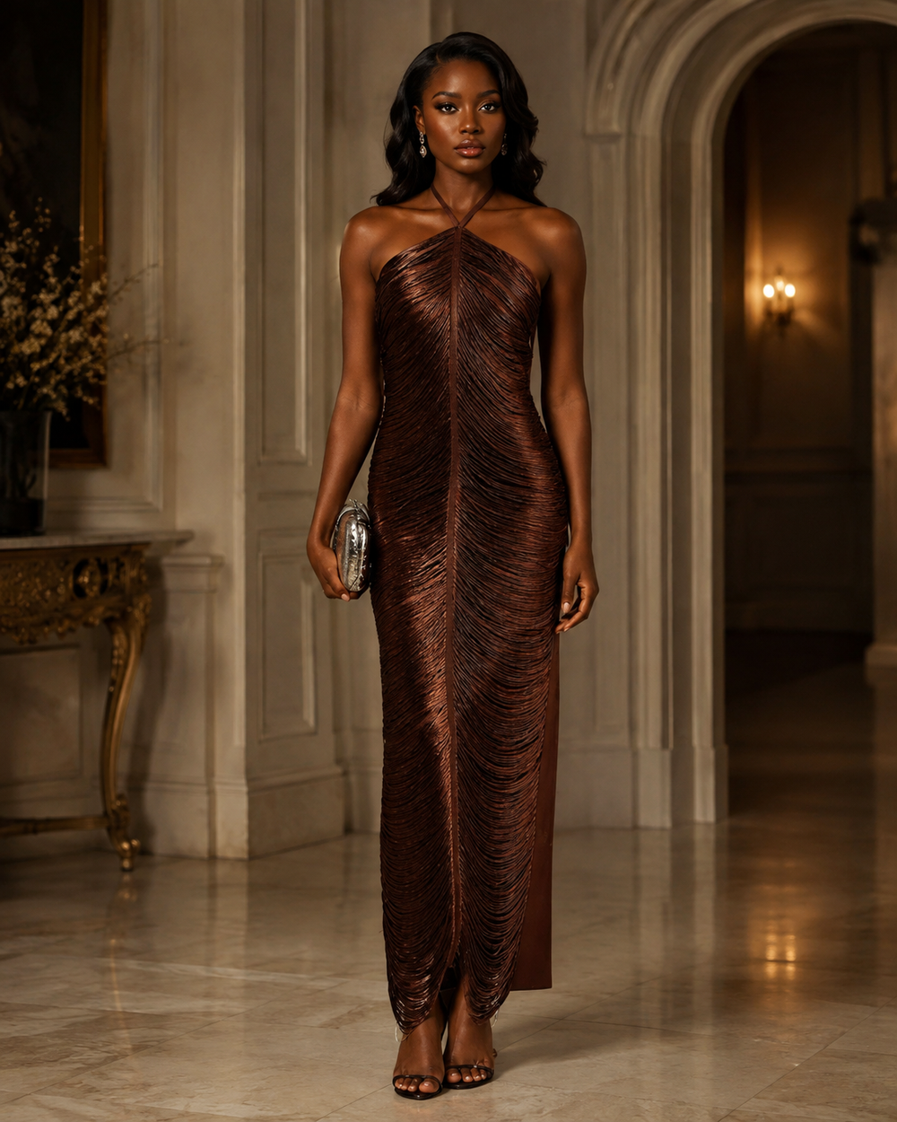 A woman models a floor-length, strapless metallic bronze gown with a textured, pleated leaf-like design in a grand, elegant indoor hallway.