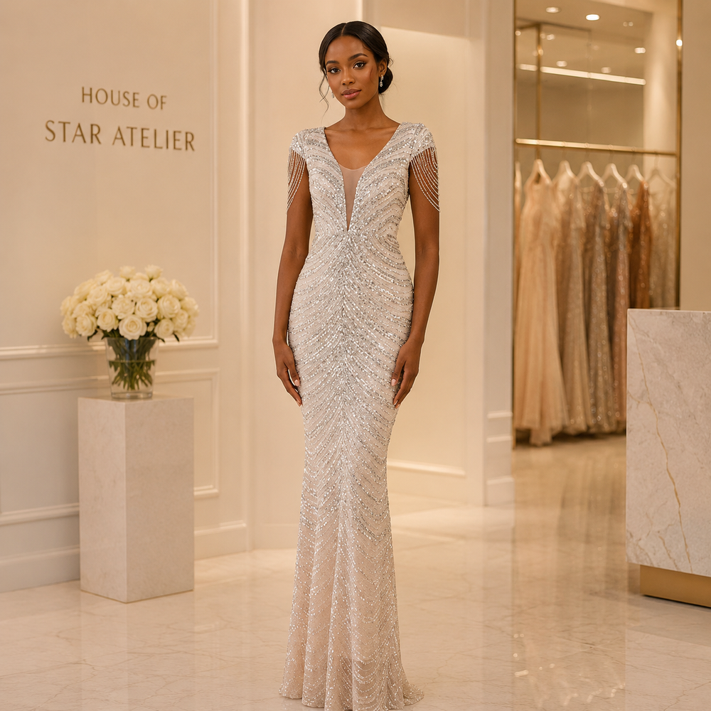 A woman models a floor-length, beaded mermaid gown in a bright boutique interior. The dress has sheer cap sleeves, a deep V-neckline, and intricate silver and cream beadwork.