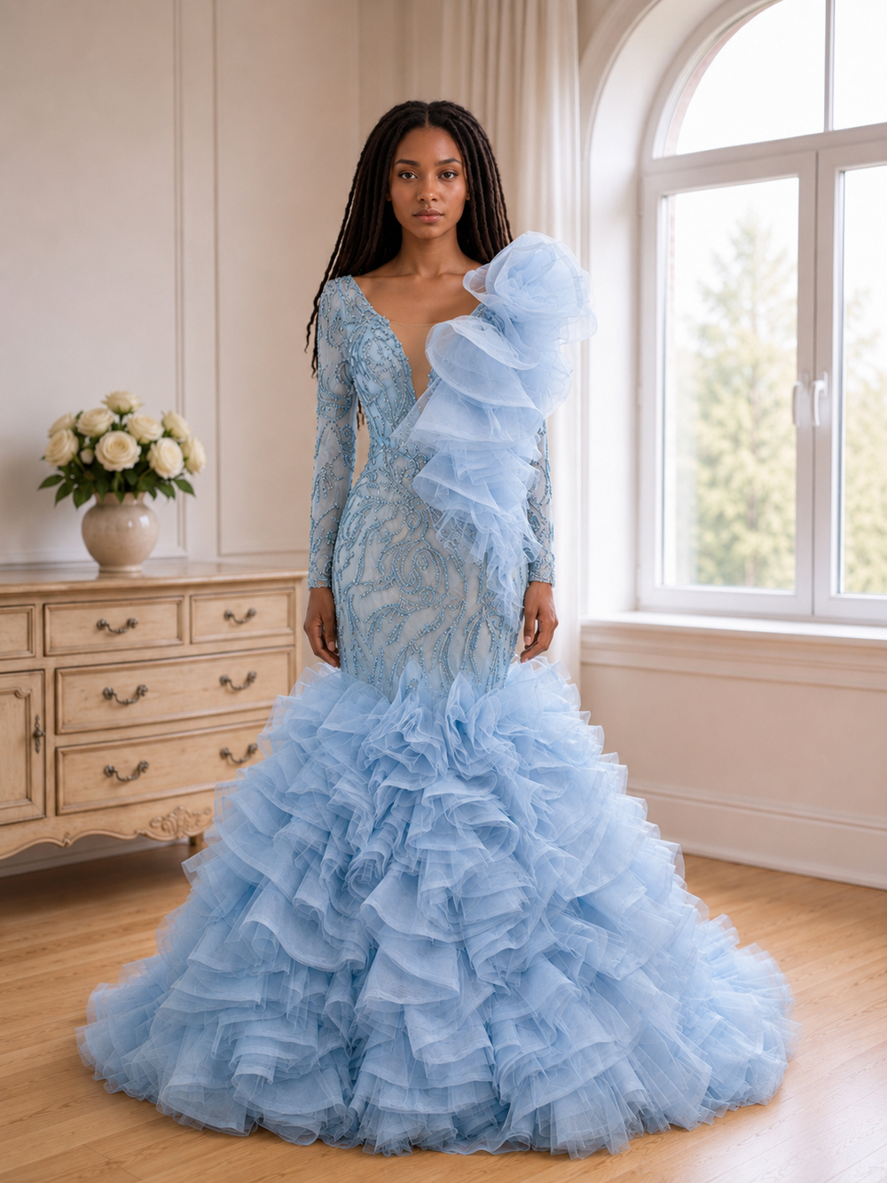 Emerald Étoile Ruffle Couture Mermaid Gown - Ice Blue