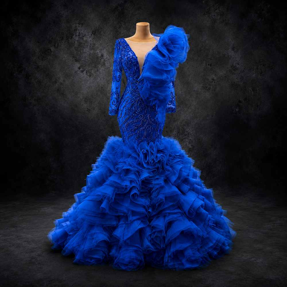Emerald Étoile Ruffle Couture Mermaid Gown - Blue