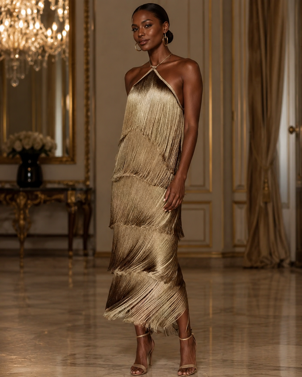 Valencia Fringe Halter Maxi Dress