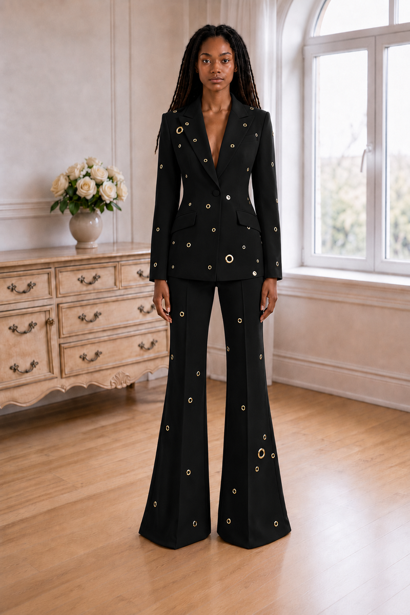 Aurelia Gilded-Eyelet Flare Suit Set - Black