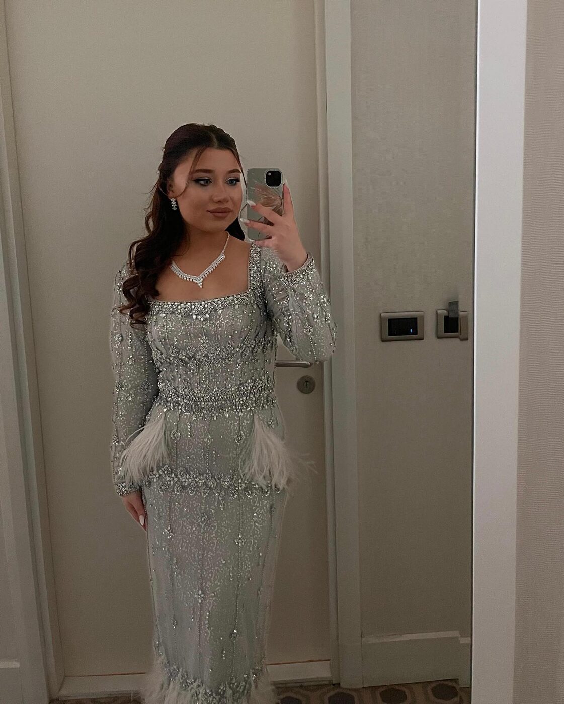 Client photo — Celeste Cape Gown – Luxury Crystal Feather Evening Dress